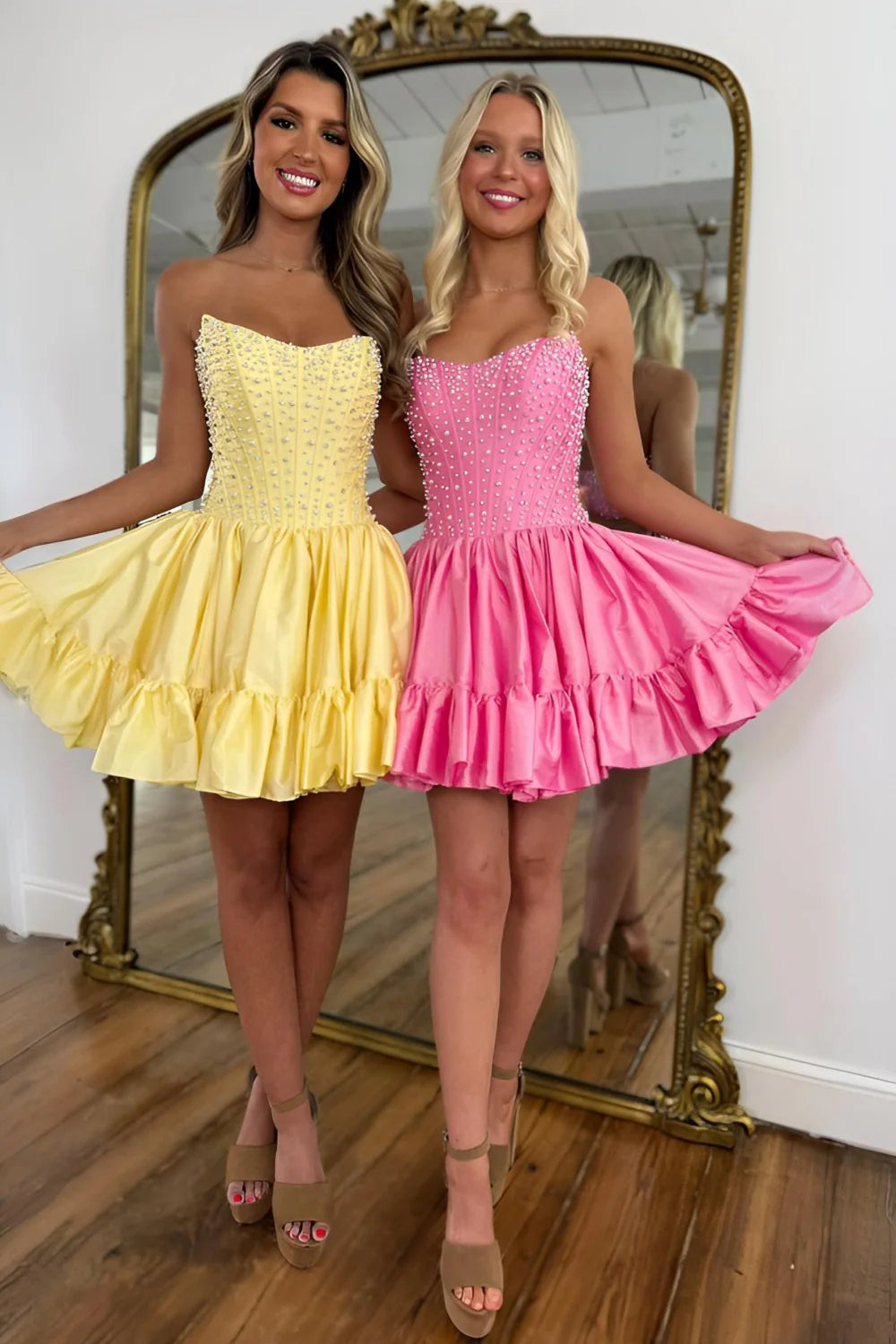 Sweet Pink A-Line Strapless Short Satin Homecoming Dress with Pearls AS077