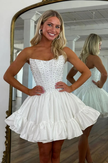 Sweet Pink A-Line Strapless Short Satin Homecoming Dress with Pearls AS077