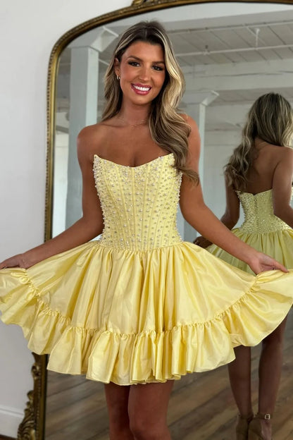 Sweet Pink A-Line Strapless Short Satin Homecoming Dress with Pearls AS077