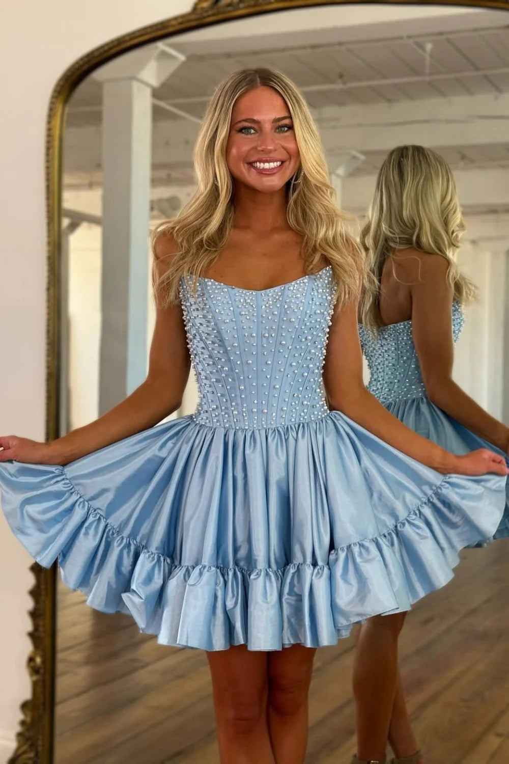 Sweet Pink A-Line Strapless Short Satin Homecoming Dress with Pearls AS077