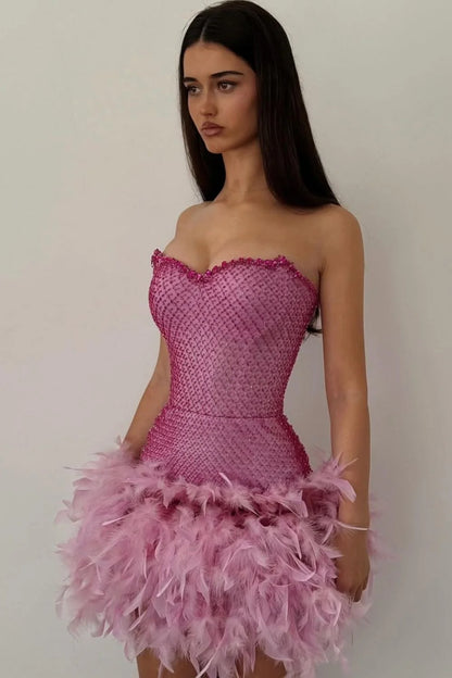 Luxurious Sparkly Beaded Top Short Tight Homecoming Dress with Feather AS078