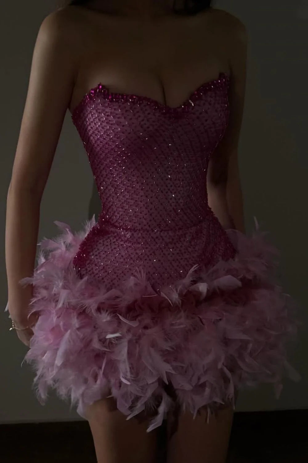 Luxurious Sparkly Beaded Top Short Tight Homecoming Dress with Feather AS078
