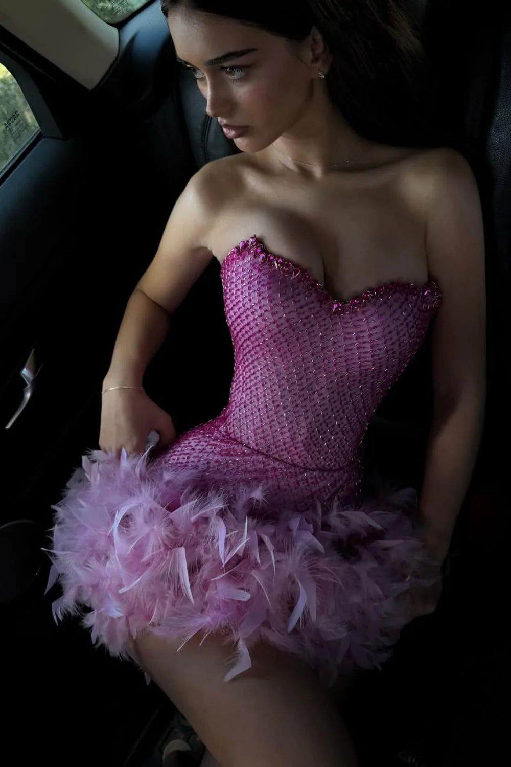 Luxurious Sparkly Beaded Top Short Tight Homecoming Dress with Feather AS078