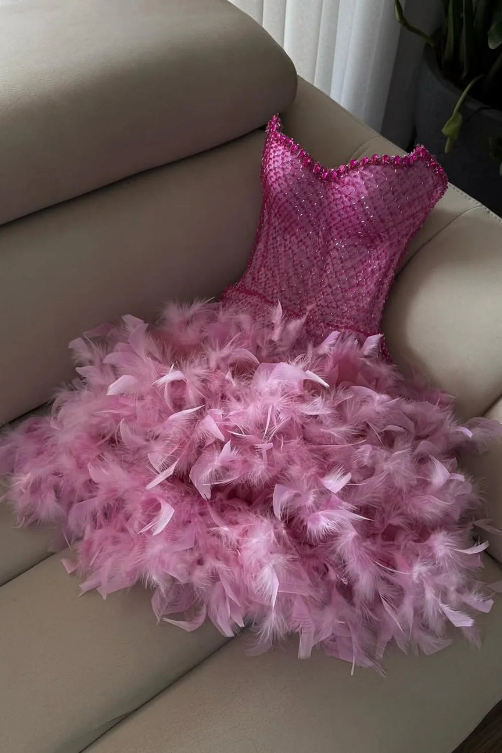 Luxurious Sparkly Beaded Top Short Tight Homecoming Dress with Feather AS078