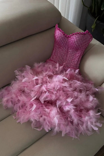 Luxurious Sparkly Beaded Top Short Tight Homecoming Dress with Feather AS078