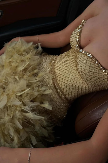 Luxurious Sparkly Beaded Top Short Tight Homecoming Dress with Feather AS078