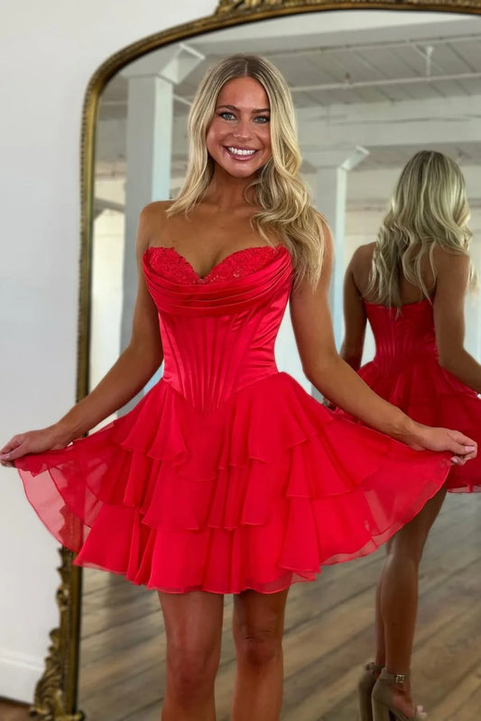 Elegant A-Line Sweetheart Short Tiered Chiffon Skirt Homecoming Dress AS079