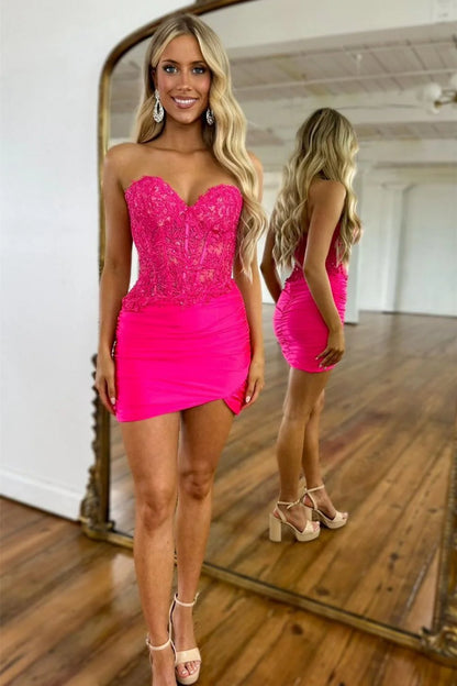 Vibrant Hot Pink Mermaid Short Dress with Sweetheart Lace Bodice Homecoming Dress AS080
