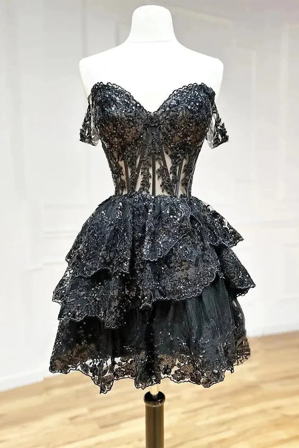 Sparkly A Line Homecoming Dress with Off the Shoulder Neckline Short Tiered Sequin Skirt AS081