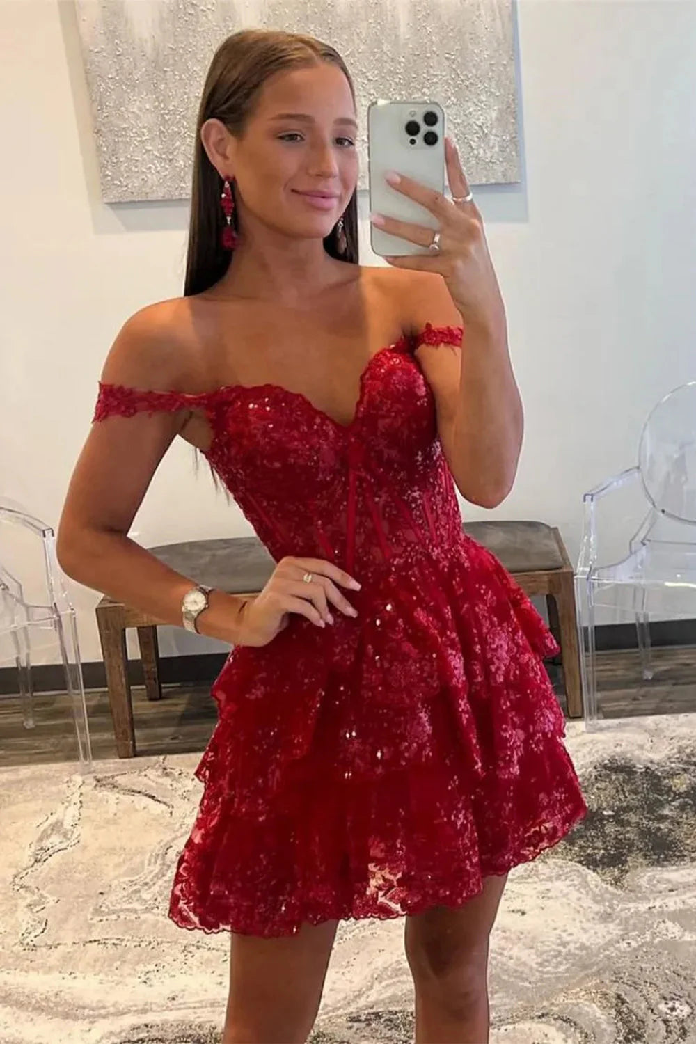 Sparkly A Line Homecoming Dress with Off the Shoulder Neckline Short Tiered Sequin Skirt AS081