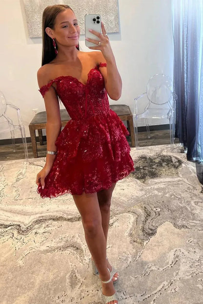 Sparkly A Line Homecoming Dress with Off the Shoulder Neckline Short Tiered Sequin Skirt AS081