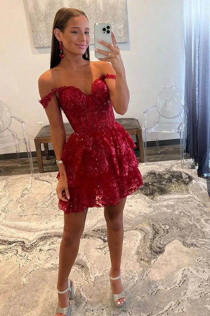 Sparkly A Line Homecoming Dress with Off the Shoulder Neckline Short Tiered Sequin Skirt AS081