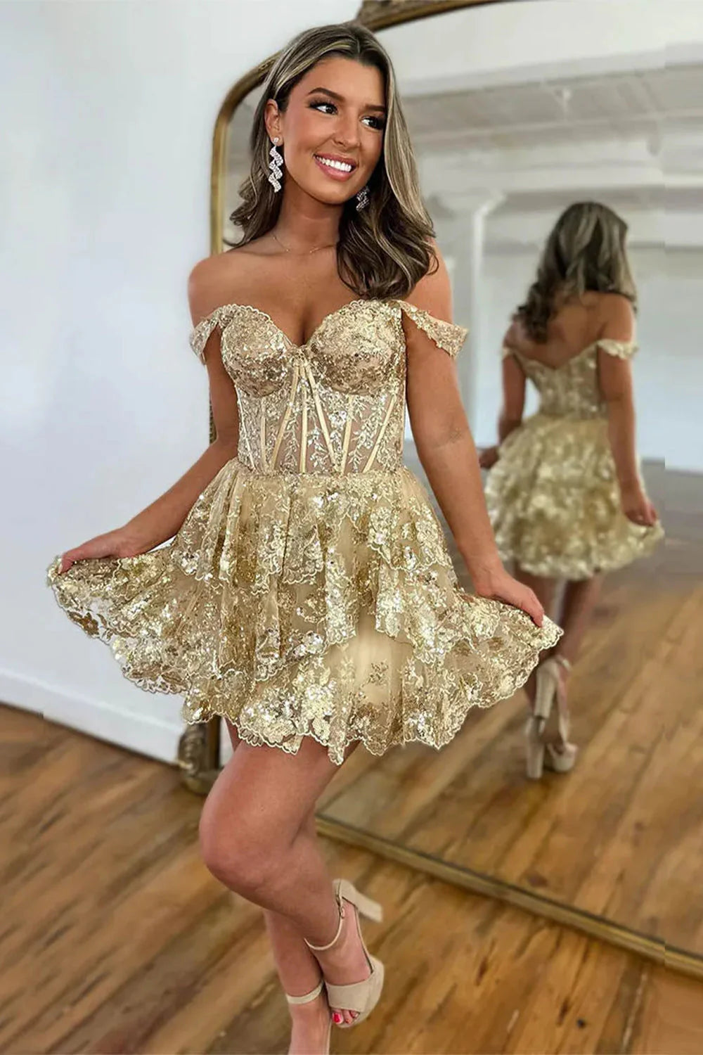 Sparkly A Line Homecoming Dress with Off the Shoulder Neckline Short Tiered Sequin Skirt AS081
