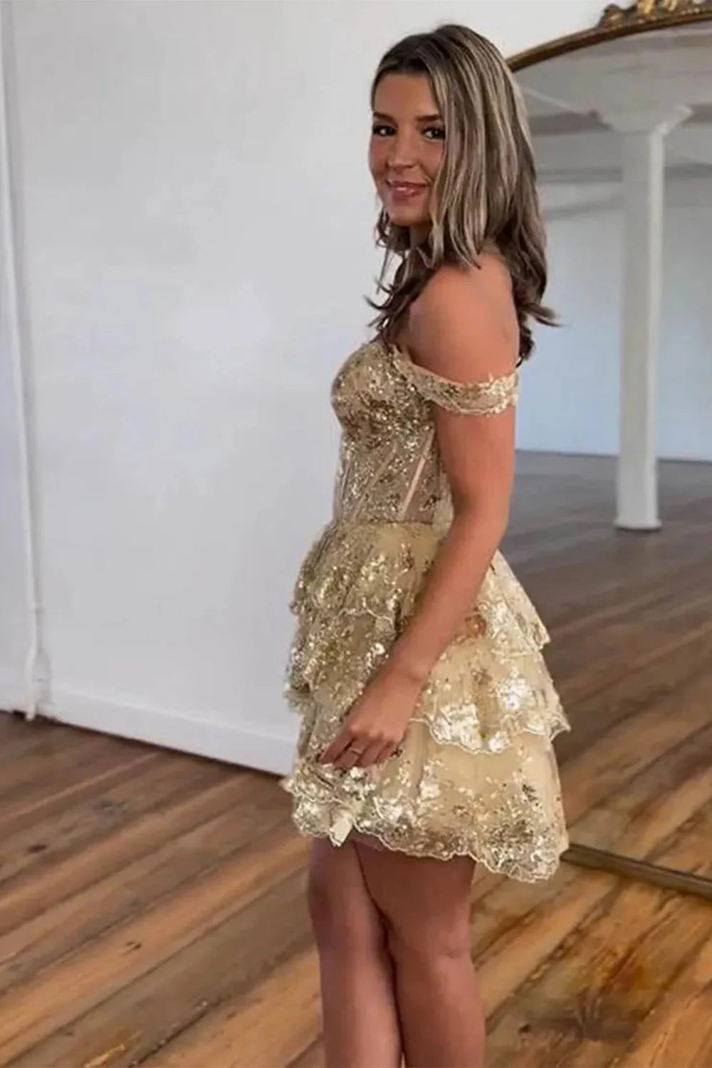 Sparkly A Line Homecoming Dress with Off the Shoulder Neckline Short Tiered Sequin Skirt AS081