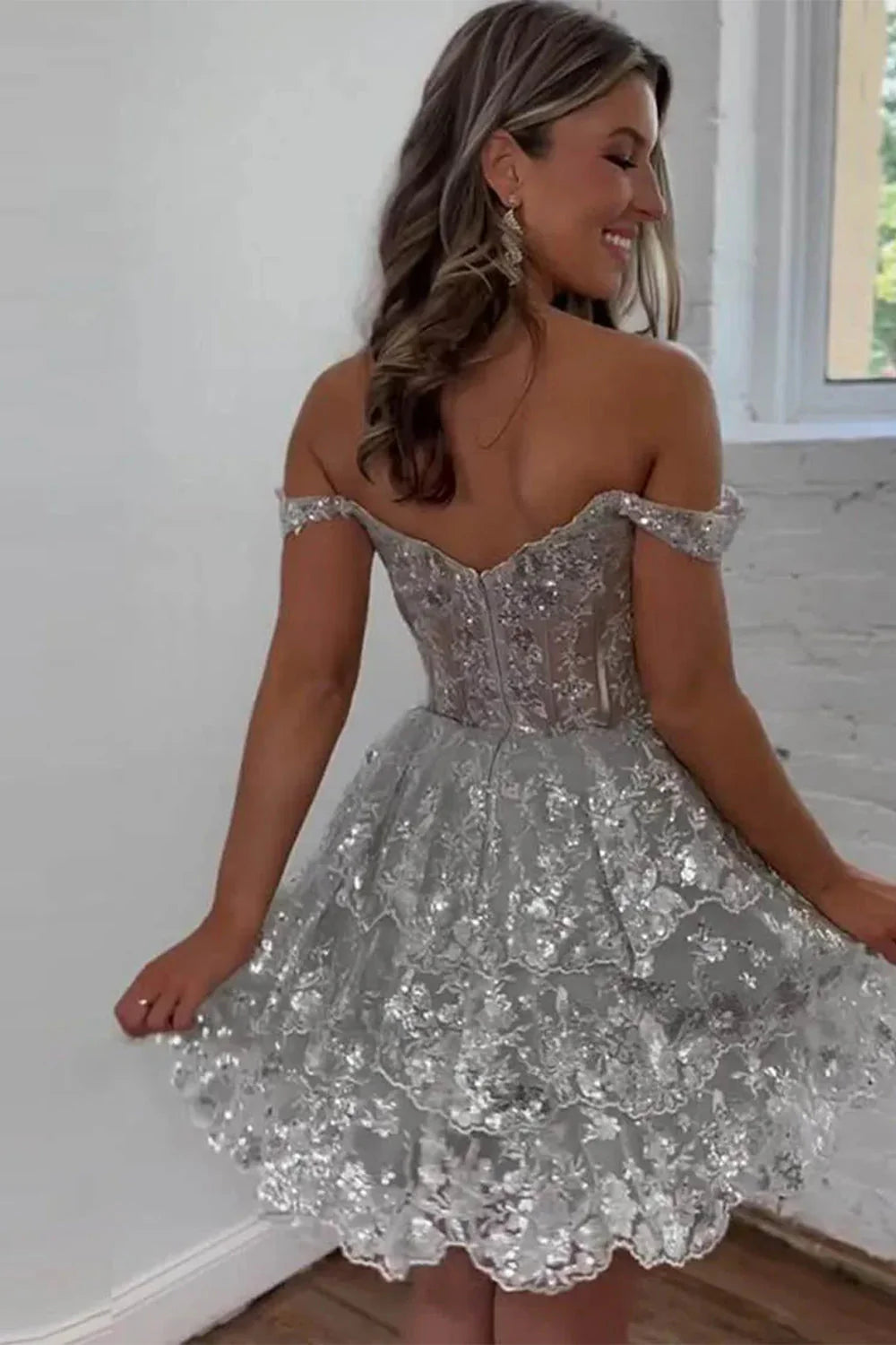 Sparkly A Line Homecoming Dress with Off the Shoulder Neckline Short Tiered Sequin Skirt AS081