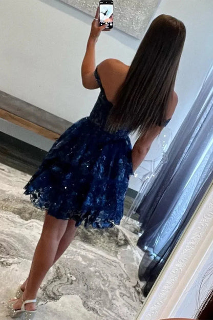 Sparkly A Line Homecoming Dress with Off the Shoulder Neckline Short Tiered Sequin Skirt AS081