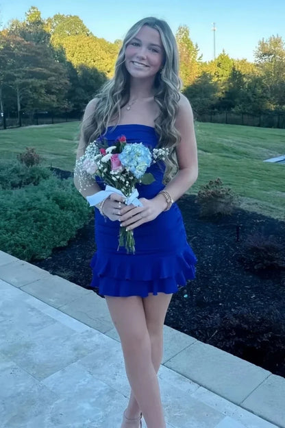 Chic Sheath Strapless Royal Blue Short Homecoming Dress with Ruffles AS082