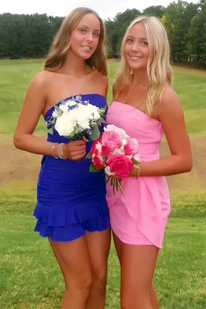 Chic Sheath Strapless Royal Blue Short Homecoming Dress with Ruffles AS082