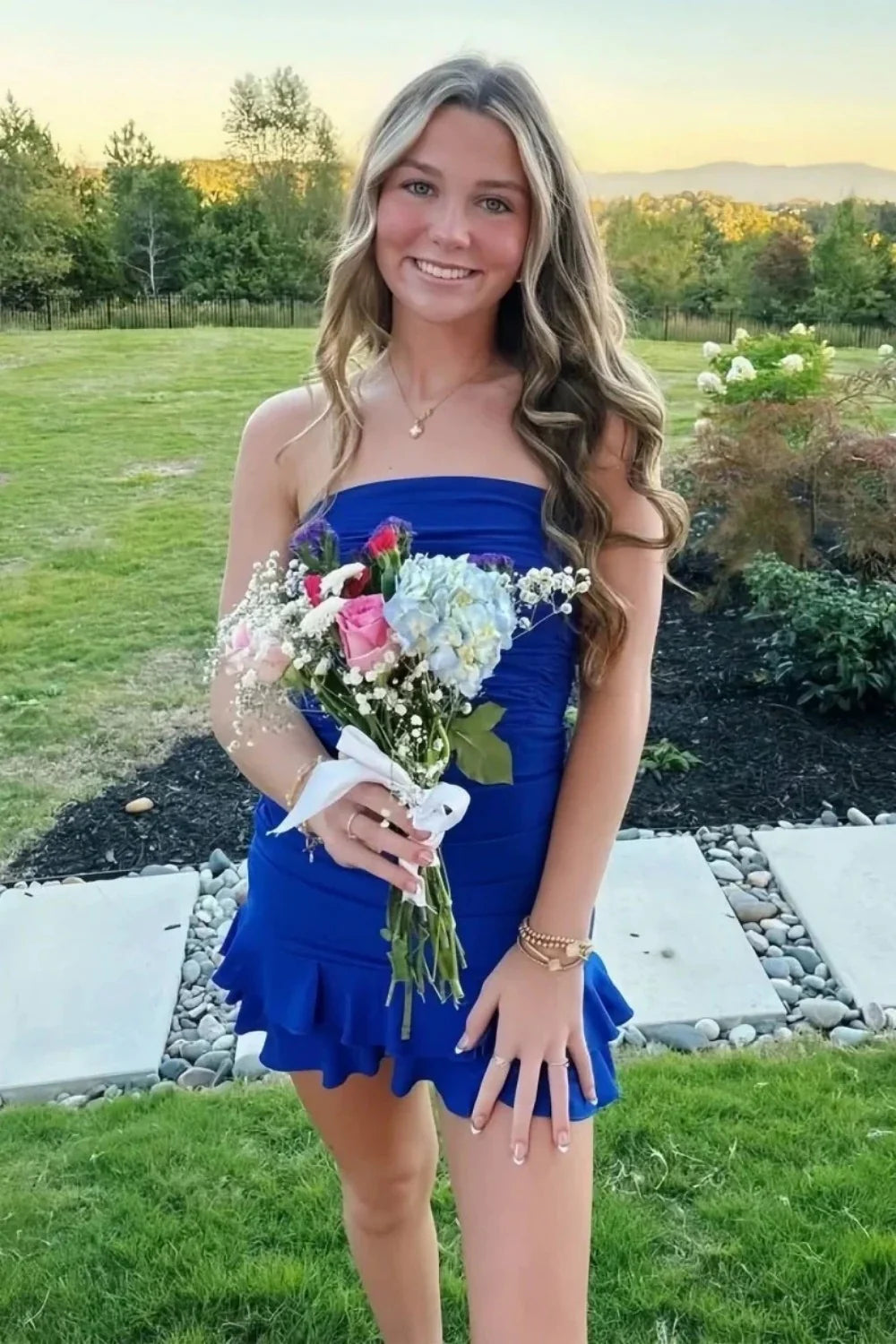 Chic Sheath Strapless Royal Blue Short Homecoming Dress with Ruffles AS082