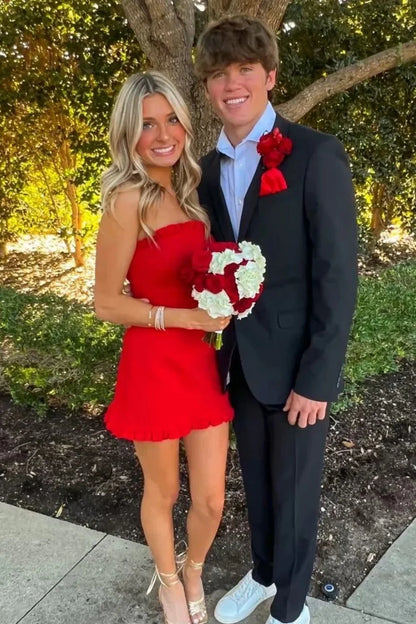 Pretty Sheath Strapless Red Satin Short Homecoming Dress with Ruffles AS083