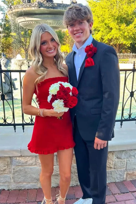 Pretty Sheath Strapless Red Satin Short Homecoming Dress with Ruffles AS083