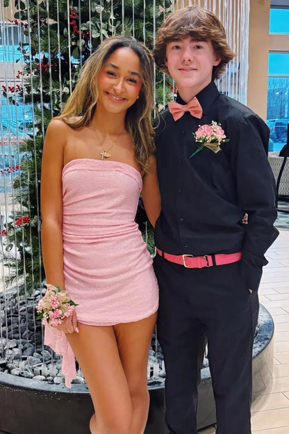 Pink Strapless Sequin Ruched Mini Homecoming Dress with Side Drape Detail AS084