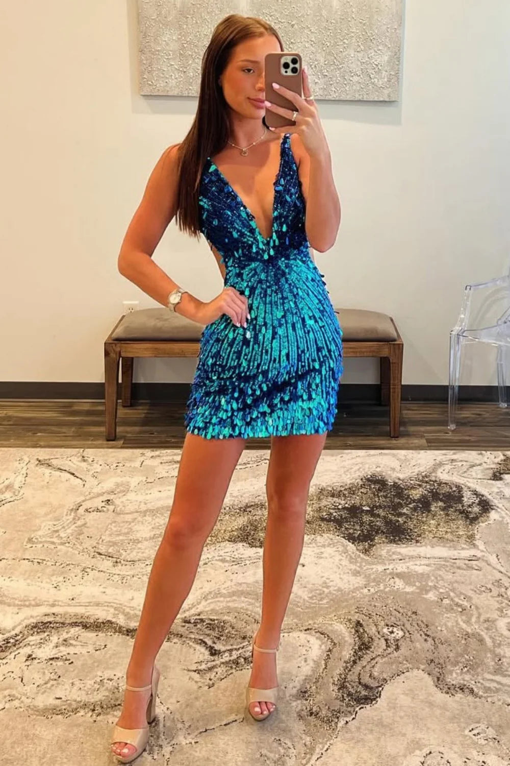 Gorgeous Sparkly Deep V-Neck Sequin Mini Tight Homecoming Dress AS086