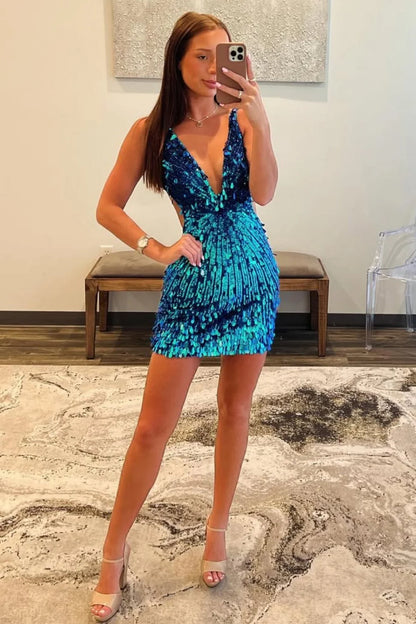 Gorgeous Sparkly Deep V-Neck Sequin Mini Tight Homecoming Dress AS086