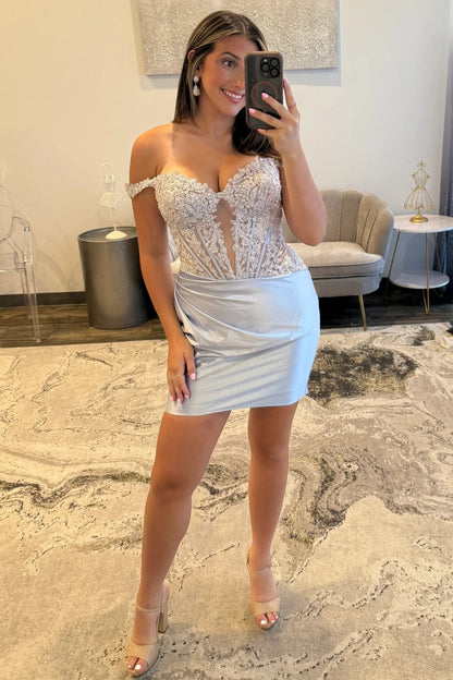 Chic Off-the-Shoulder Lace Applique Homecoming Dress with Ruched Satin Skirt AS090