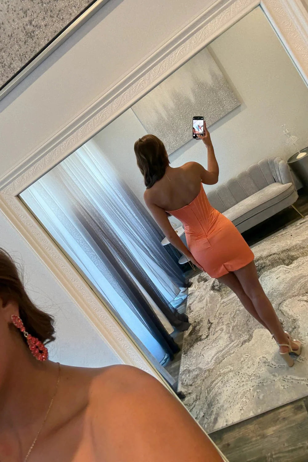 Chic Orange Strapless Bodycon Homecoming Dress with Lace Trim AS092