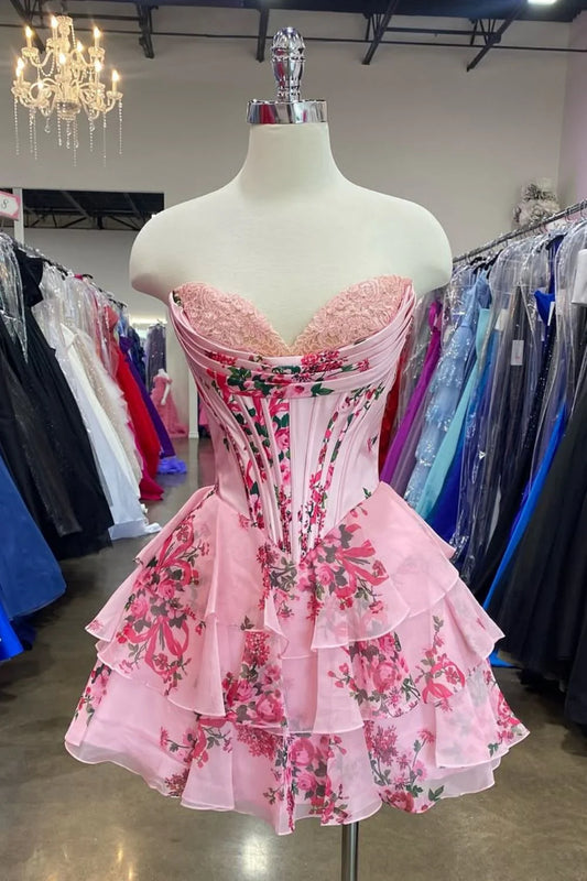 Floral A-Line Sweetheart Corset Homecoming Dress with Layered Skirt AS093