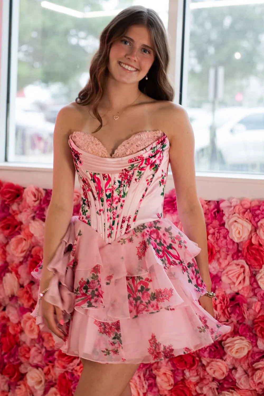 Floral A-Line Sweetheart Corset Homecoming Dress with Layered Skirt AS093