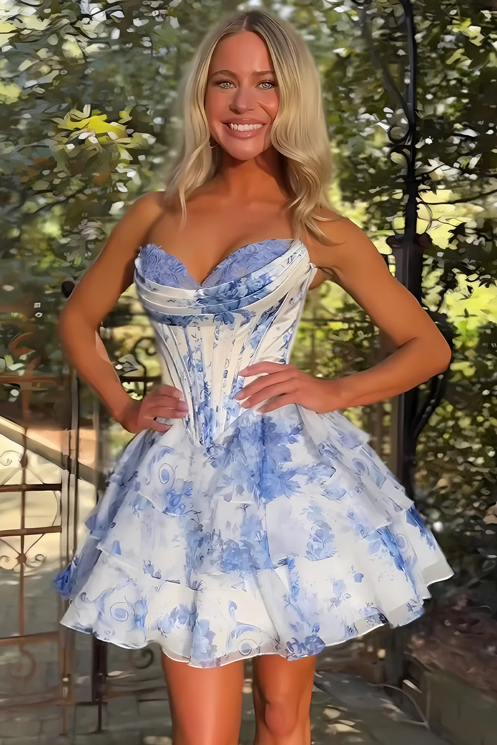 Floral A-Line Sweetheart Corset Homecoming Dress with Layered Skirt AS093