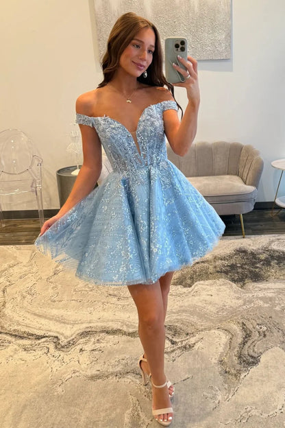 Elegant Light Blue Off Shoulder Lace Homecoming Dress with Glitter Tulle Skirt AS095
