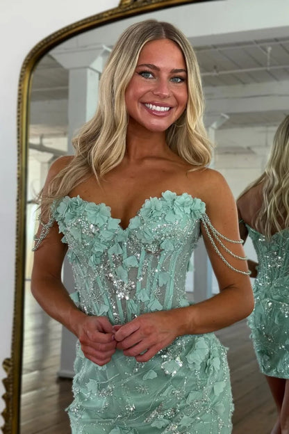 Chic Light Green Glitter Beaded Off The Shoulder Short Tight Homecoming Dress AS096