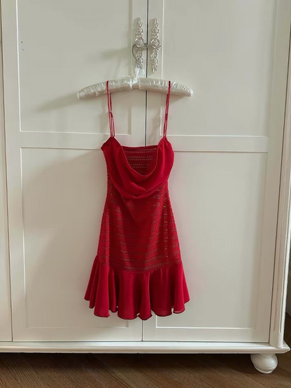Sultry Red Spaghetti Straps Horizontal Sheer Mesh Bodice Ruffle Chiffon Hem Bodycon Mini Homecoming Dress AS1000