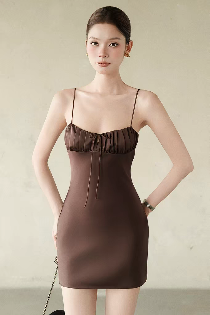 Minimalist Brown Spaghetti Straps Ruched Gathered Bust Mini Drawstring Front Tie Satin Sheath Short Homecoming Dress AS1001
