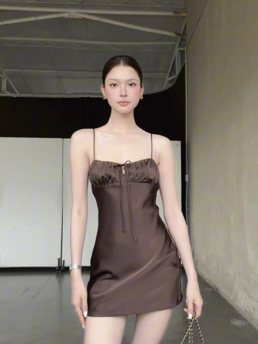 Minimalist Brown Spaghetti Straps Ruched Gathered Bust Mini Drawstring Front Tie Satin Sheath Short Homecoming Dress AS1001