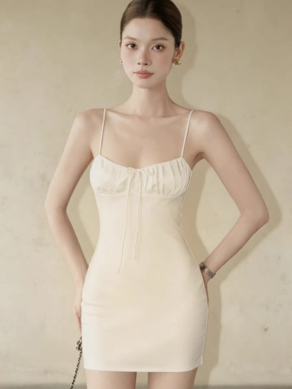 Minimalist Brown Spaghetti Straps Ruched Gathered Bust Mini Drawstring Front Tie Satin Sheath Short Homecoming Dress AS1001