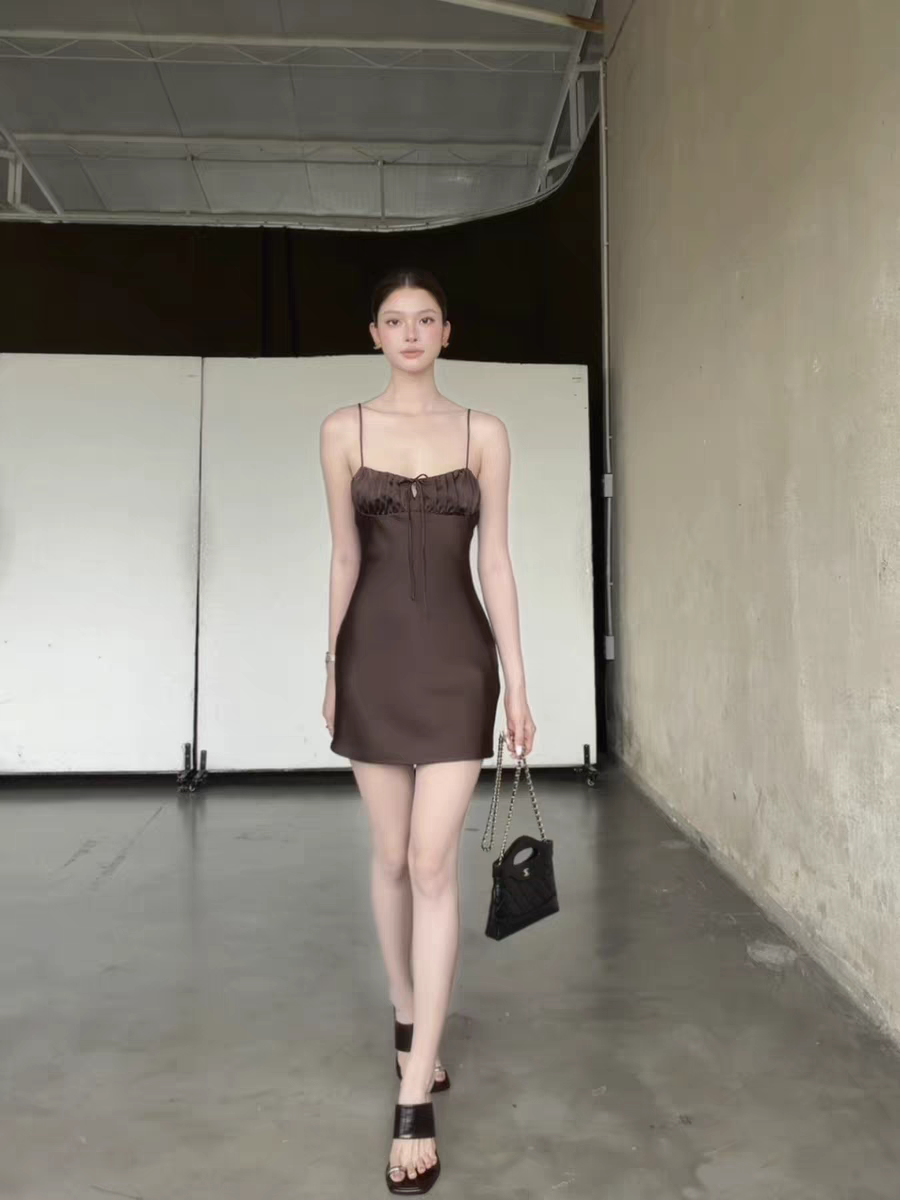 Minimalist Brown Spaghetti Straps Ruched Gathered Bust Mini Drawstring Front Tie Satin Sheath Short Homecoming Dress AS1001