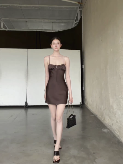 Minimalist Brown Spaghetti Straps Ruched Gathered Bust Mini Drawstring Front Tie Satin Sheath Short Homecoming Dress AS1001