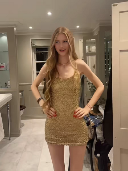 Opulent Champagne Gold Spaghetti Straps Beaded Sequin Bodycon Mini Homecoming Dress AS1002