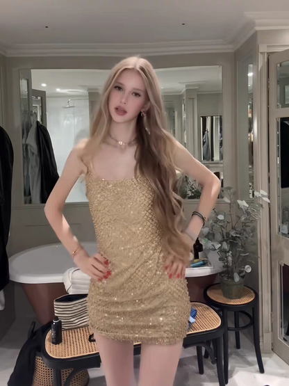 Opulent Champagne Gold Spaghetti Straps Beaded Sequin Bodycon Mini Homecoming Dress AS1002