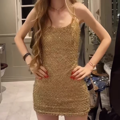 Opulent Champagne Gold Spaghetti Straps Beaded Sequin Bodycon Mini Homecoming Dress AS1002