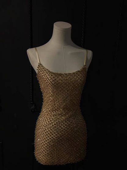 Opulent Champagne Gold Spaghetti Straps Beaded Sequin Bodycon Mini Homecoming Dress AS1002