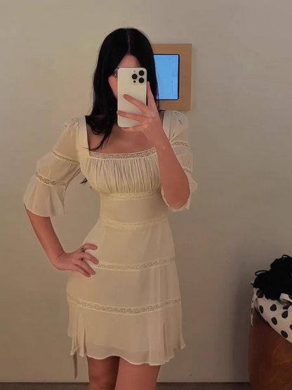 Soft Ivory Square Neck Gathered Bust Puff Half Sleeve Chiffon A Line Short Homecoming Dress AS1003