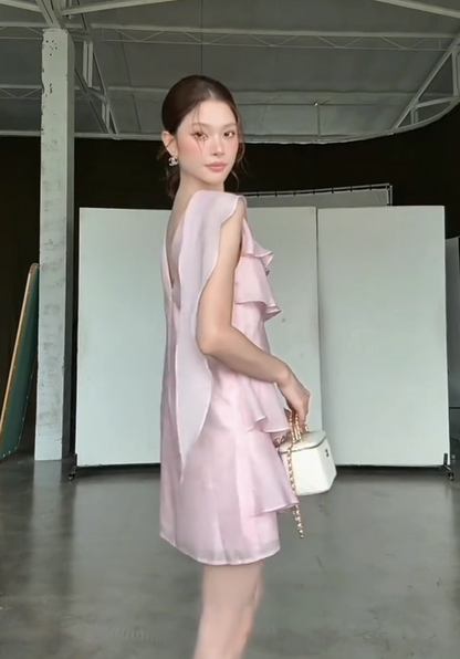 Whimsical Blush Pink Round Neck Sleeveless Multi Layer Ruffle Hem Chiffon A Line Short Homecoming Dress AS1004