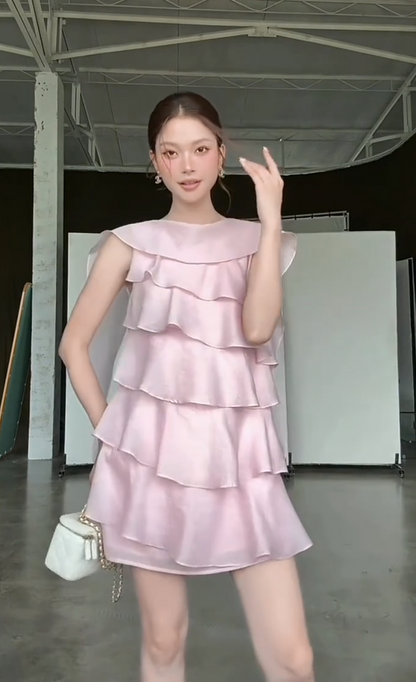 Whimsical Blush Pink Round Neck Sleeveless Multi Layer Ruffle Hem Chiffon A Line Short Homecoming Dress AS1004