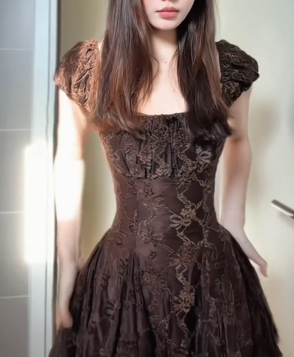 Vintage Brown Square Neck Gathered Bubble Cap Sleeve Full Floral Sheer Lace A Line Short Homecoming Dress AS1006