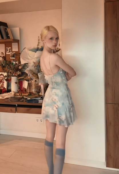 Dreamy Sky Blue Spaghetti Straps Ruffled Floral Print Side Knot Twist Ruched Chiffon Short A Line Homecoming Dress AS1007